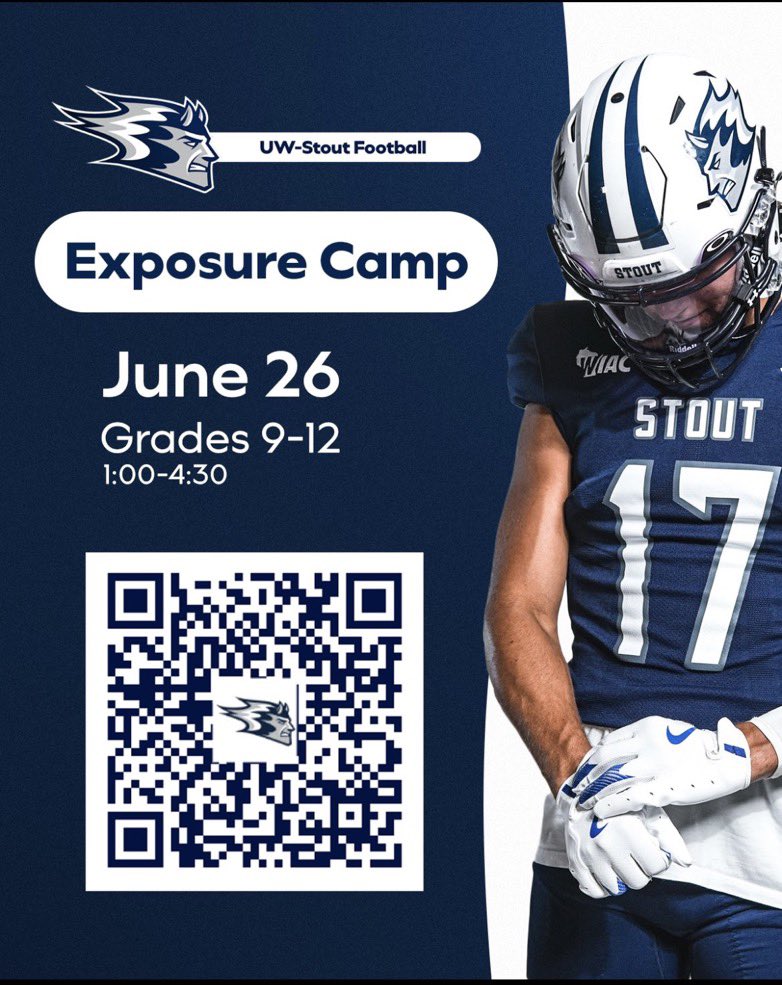 Thank you <a href="/CoachJRSchiff/">Jake Schiff</a> for the Junior Day Invite and Camp Invites. Can’t wait to learn more about <a href="/UWStoutFootball/">UW-Stout Football</a> ‼️ #GoBlueDevils 😈🔵⚪️
<a href="/BlueDevil_HC/">Clayt Birmingham</a> <a href="/NPesik81/">Nick Pesik</a> <a href="/Kobe_Berghammer/">Kobe Berghammer</a> <a href="/CoachDeBo76/">Derek Branch</a> 
#BleedBlue