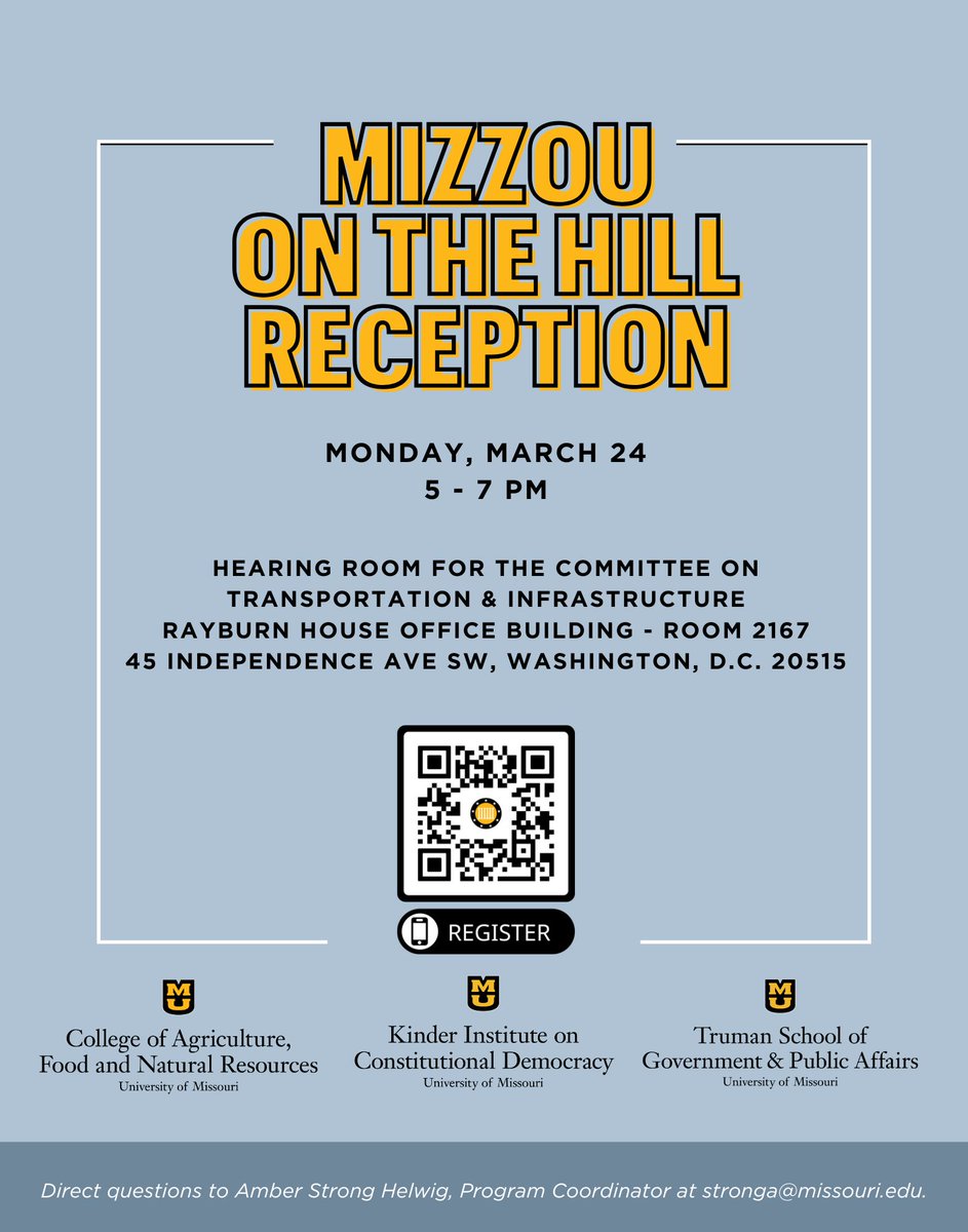 We’re painting the Hill black and gold next week!

Join us for a special Mizzou reception this Monday to visit with fellow alumni and meet students from MU:

Register here:
mizzou.com/s/1002/alumni/…