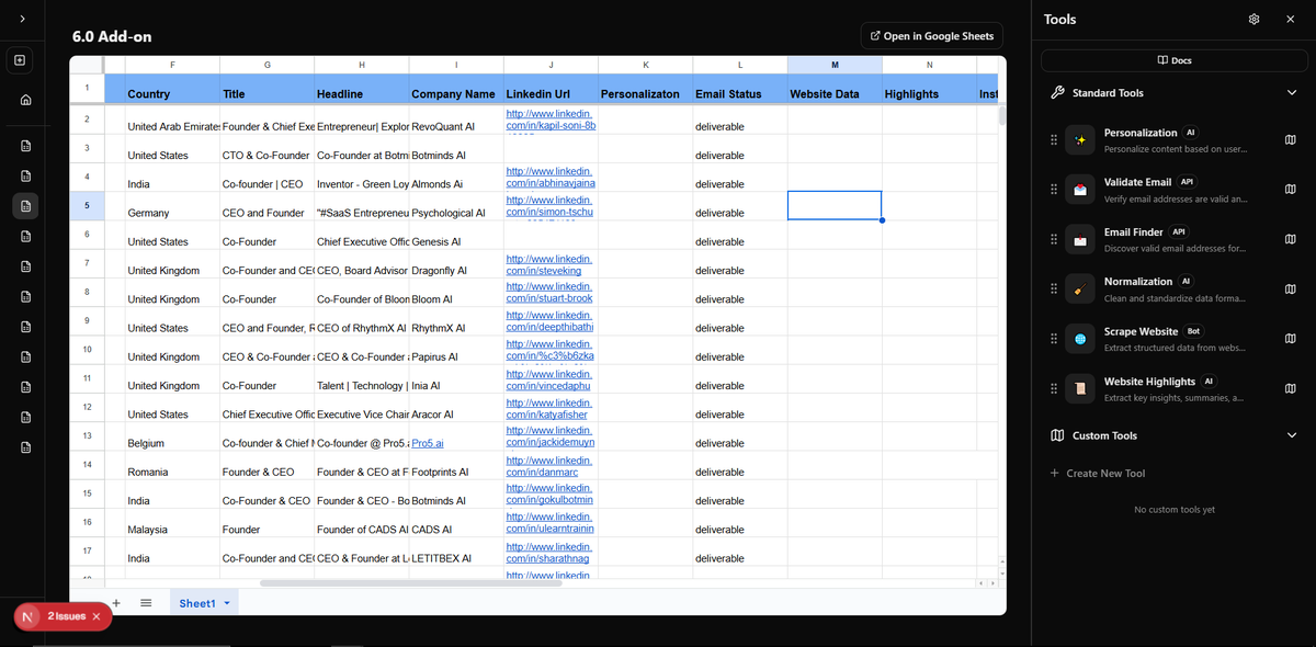 X_StanMan's tweet photo. First project that I'm building out is a lead enrichment software. This originally was going to be a Google Scripts add-on, however the functionality was not there. Transforming this to be the one-stop shop to enrich and create personalized outreach for your lead generation. https://t.co/xuq6H9g4Oa