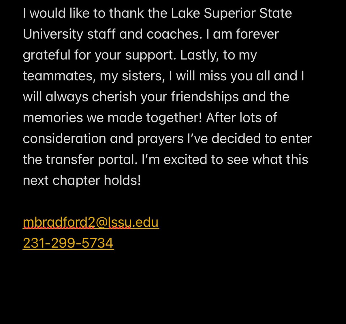 Mad_Bradford23's tweet photo. After lots of consideration and prayers I’ve decided to enter the transfer portal. Thank you Lake State for the experiences here and friendships made. Looking forward to new opportunities! https://t.co/Ty2QvXXWUz