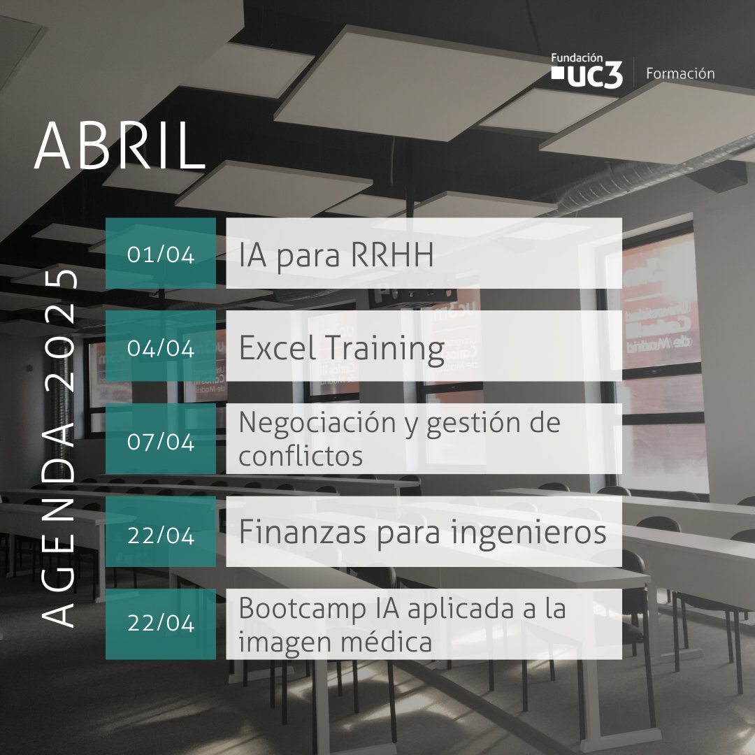 Formación Fundación Universidad Carlos III (@formacion_fuc3) on Twitter photo 🌧️ ¡En abril, cursos mil!
Sumérgete en nuestros cursos.
🚀IA para RRHH
<a href="/TheBridge_Tech/">The Bridge</a>
💻Excel Training
🤝🏼Negociación y gestión de conflictos
📉Finanzas para ingenieros
🧠Bootcamp en IA aplicada a la Imagen Médica
<a href="/scalianspain/">Scalian Spain</a>
fundacion.uc3m.es/formacion/
#Formación 🌧️ ¡En abril, cursos mil!
Sumérgete en nuestros cursos.
🚀IA para RRHH
<a href="/TheBridge_Tech/">The Bridge</a>
💻Excel Training
🤝🏼Negociación y gestión de conflictos
📉Finanzas para ingenieros
🧠Bootcamp en IA aplicada a la Imagen Médica
<a href="/scalianspain/">Scalian Spain</a>
fundacion.uc3m.es/formacion/
#Formación