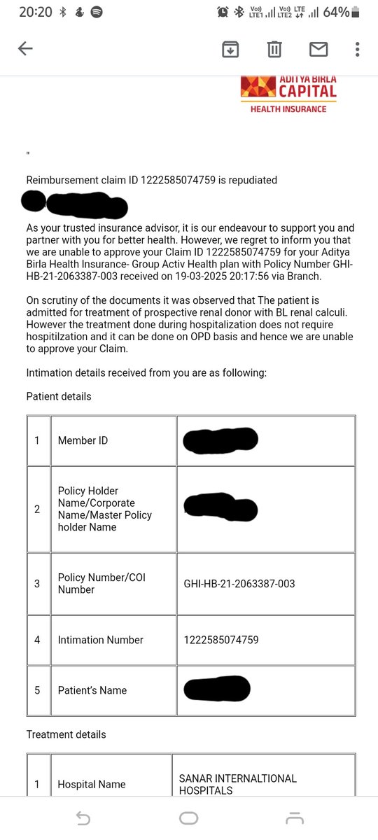 mnishsrma's tweet image. Shame on @abhealthin Claim denied stating hospitalization 'wasn't required' when the patient was OPERATED on! How can surgery be done on OPD basis? Is this a joke? This is how you treat your customers? @IREDALtd
@MoHFW_INDIA
#HealthInsuranceScam
 #AdityaBirlaFail