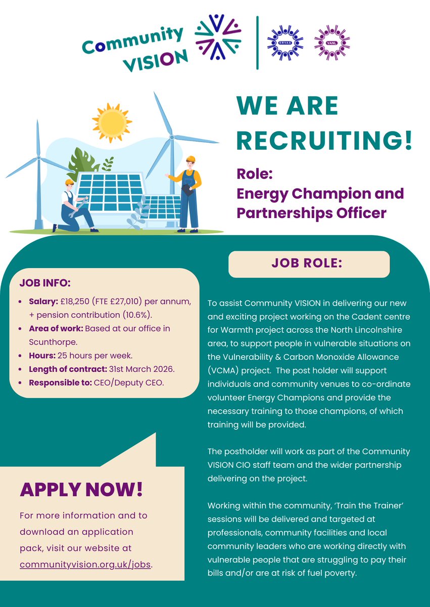 💼📣 We are recruiting! 

🫵 We are looking for an Energy Champion and Partnerships Officer to join us on our new Cadent centre for Warmth project across the #NorthLincolnshire area.

🌐Find out more and apply on our website at communityvision.org.uk/jobs/.