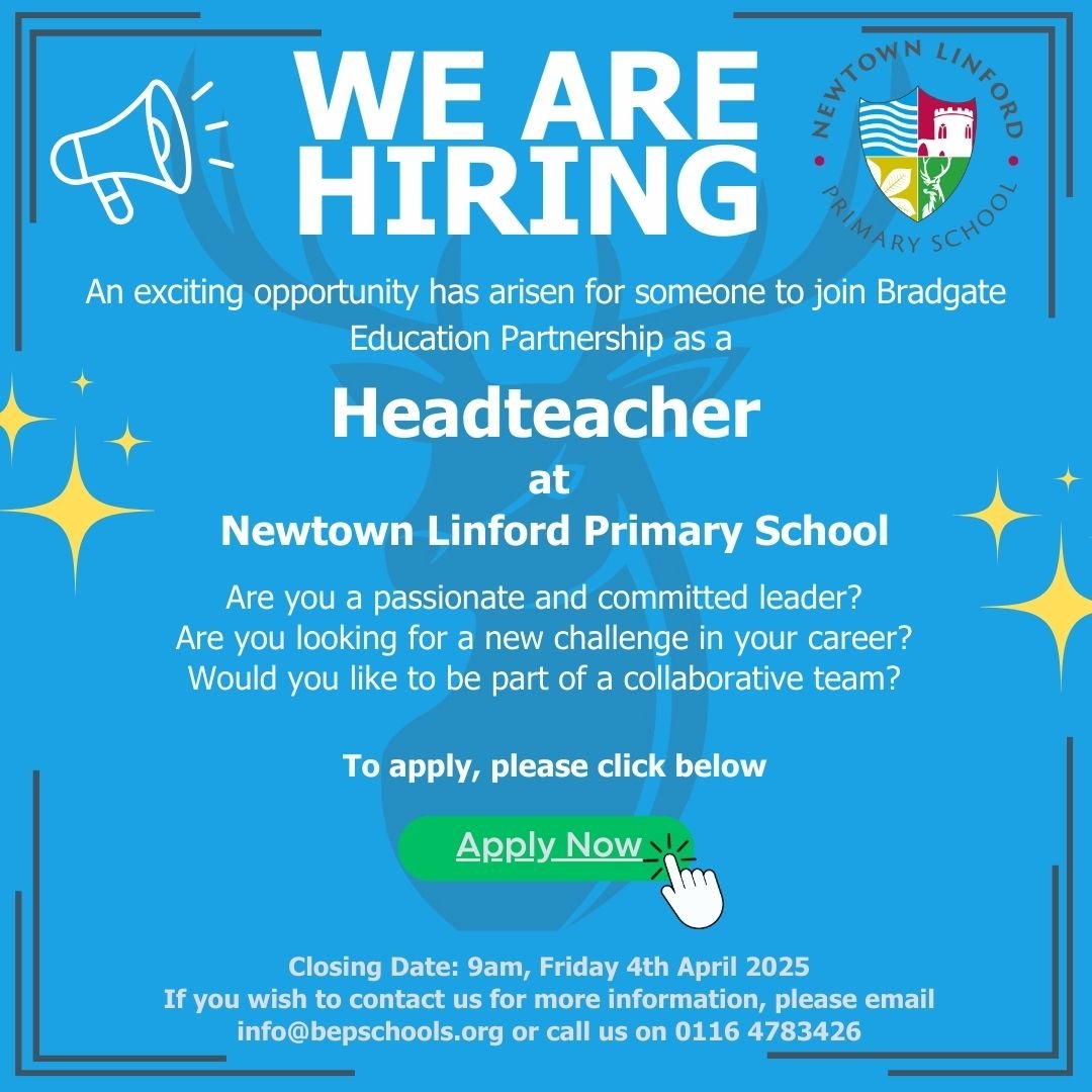 An exciting opportunity has arisen for someone to join the Bradgate Education Partnership as a Headteacher at Newtown Linford Primary School. 

If you would like more information, please follow the link to Eteach - eteach.com/job/headteache…