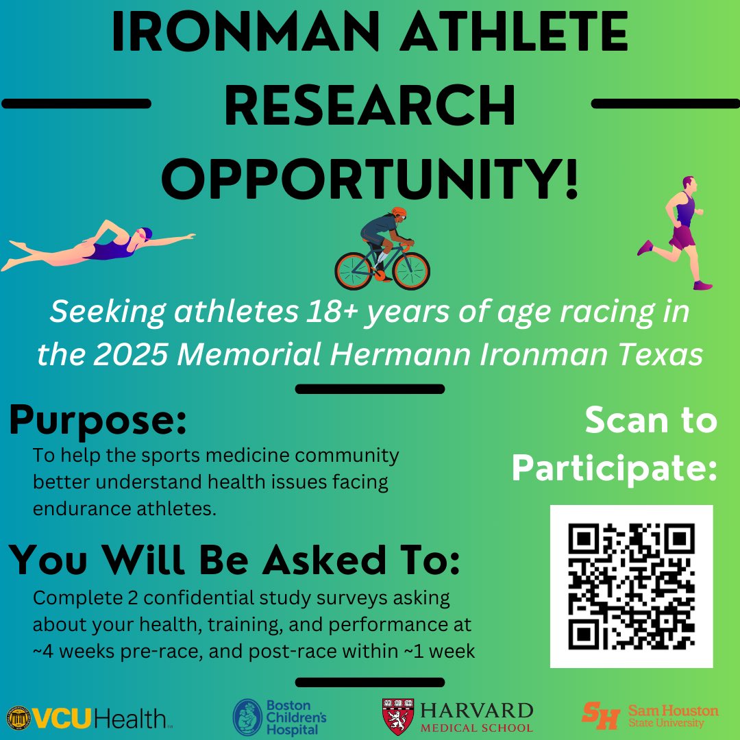 We are seeking Ironman Texas 2025 athletes to participate in our study!

Please access the first survey here: redcap.vcu.edu/surveys/?s=EE4…