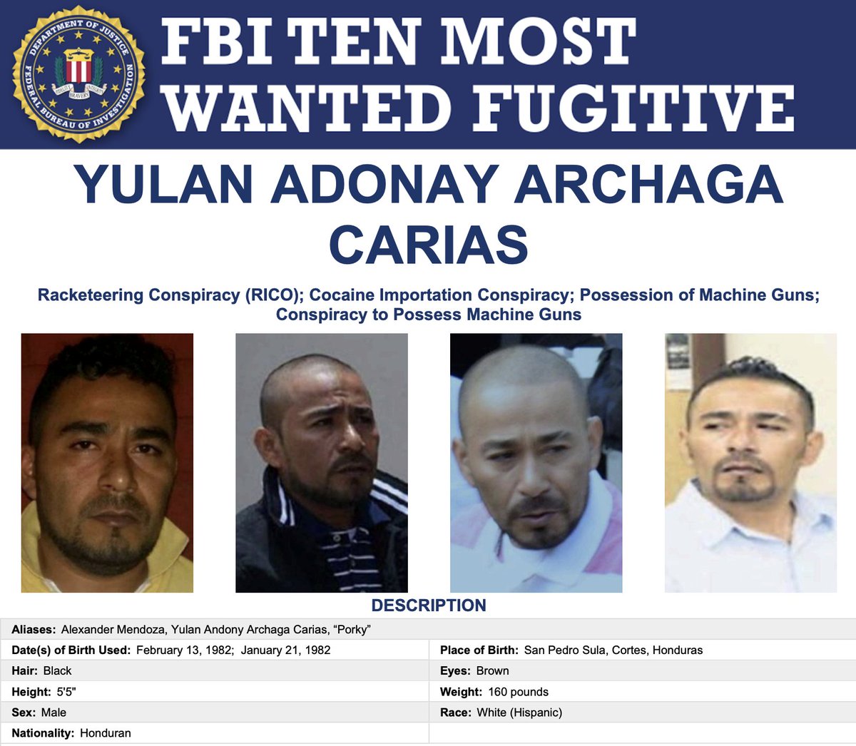 WANTED—considered armed and extremely dangerous! Help the #FBI find one of our top ten most wanted fugitives, Yulan Adonay Archaga Carias, the alleged leader of MS-13 for all of Honduras.

If you have any information contact the FBI. fbi.gov/wanted/topten/… #WantedWednesday