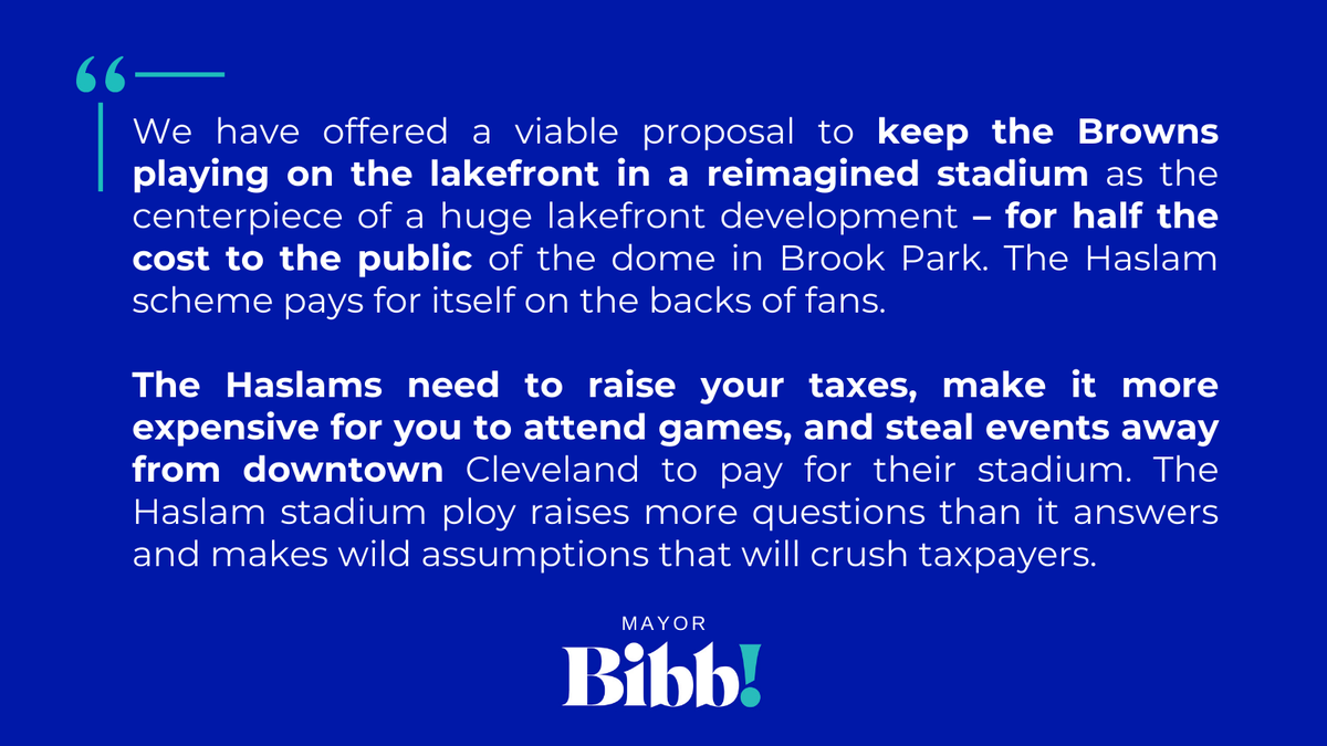 JustinMBibb's tweet photo. The Haslams made misleading statements about the diligent work the city has done over the past three years to revitalize the lakefront, protect taxpayer dollars, & keep football on the lakefront. They want to squander taxpayer dollars to invest over a $1 billion into a domed stadium in Brook Park while openly violating state law.