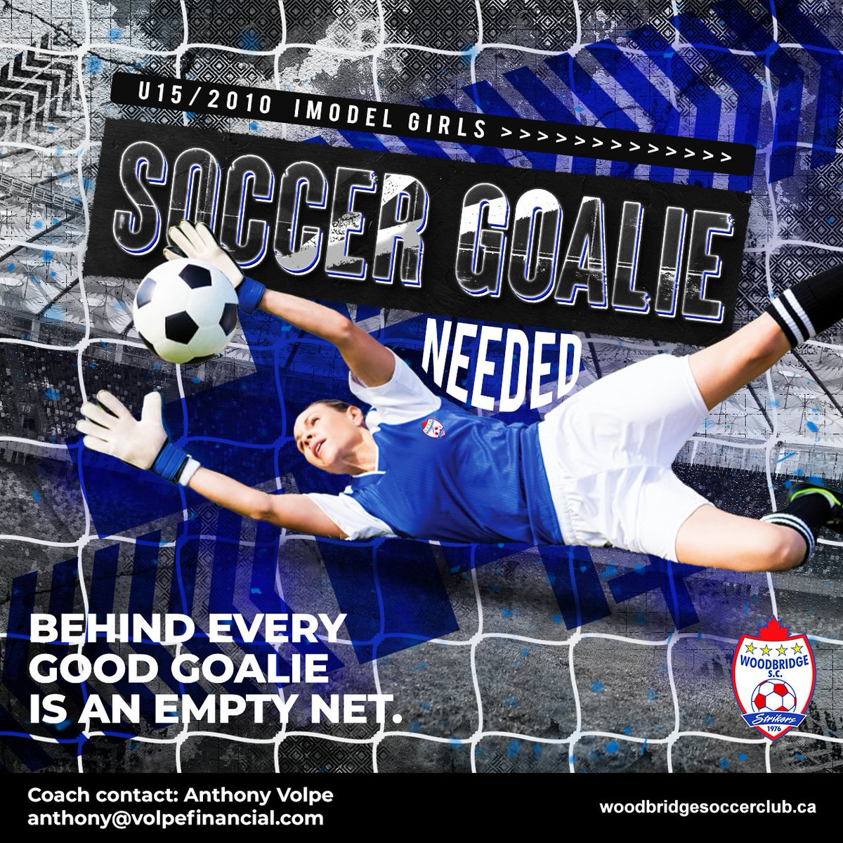 WSCStrikers's tweet image. WSC U15/2010 Girls iModel Team needs a goalie! If you're skilled, enthusiastic, and ready for competitive soccer, contact Coach Anthony Volpe at anthony@volpefinancial.com. Join a supportive team and develop your talent! 

#SoccerGoalie #WoodbridgeSoccer #JoinTheTeam