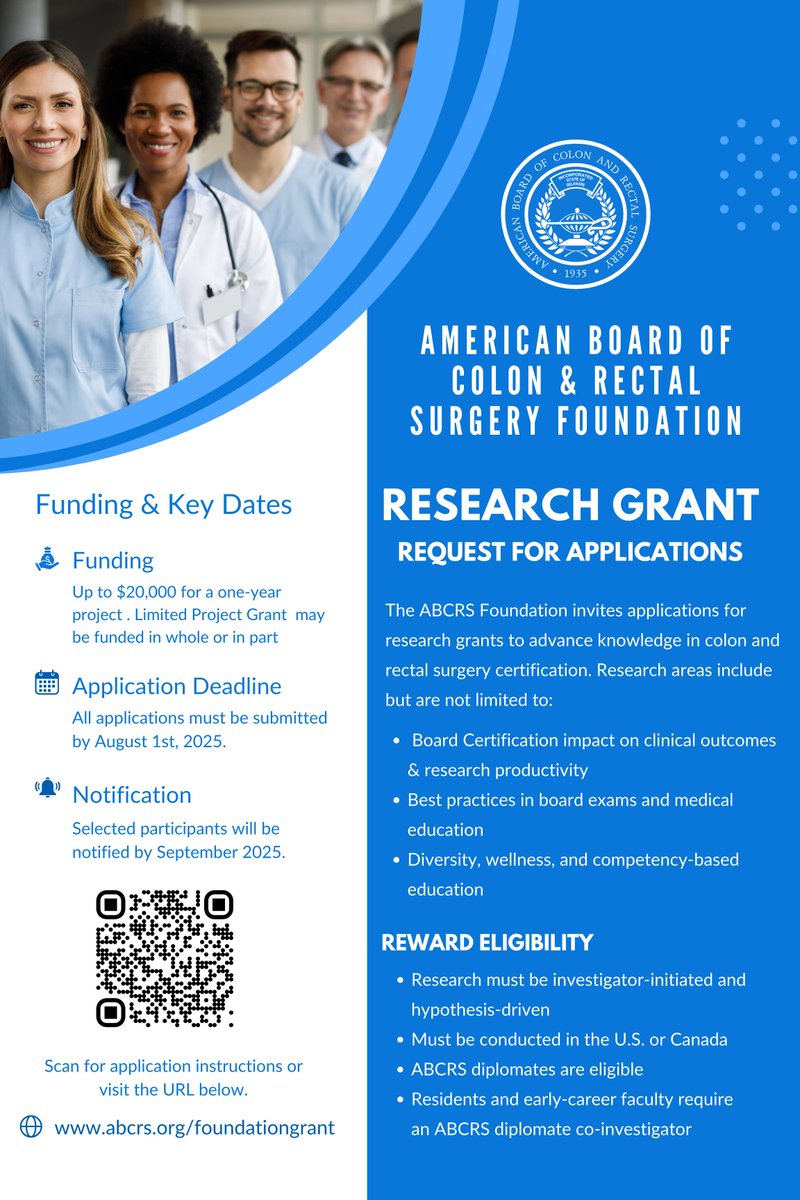 American Board of Colon and Rectal Surgery (@abcrsorg) on Twitter photo The ABCRS invites applications for research grants for the advancement of knowledge in the field of colon and rectal surgery.
Apply Today!
abcrs.org/foundationgran…
<a href="/ASCRS_1/">ASCRS_1</a> <a href="/ASCRStweets/">ASCRS</a> <a href="/ABCRSorg/">American Board of Colon and Rectal Surgery</a> <a href="/AmBdSurg/">American Board of Surgery</a> <a href="/MattKaladyMD/">Matthew Kalady</a> The ABCRS invites applications for research grants for the advancement of knowledge in the field of colon and rectal surgery.
Apply Today!
abcrs.org/foundationgran…
<a href="/ASCRS_1/">ASCRS_1</a> <a href="/ASCRStweets/">ASCRS</a> <a href="/ABCRSorg/">American Board of Colon and Rectal Surgery</a> <a href="/AmBdSurg/">American Board of Surgery</a> <a href="/MattKaladyMD/">Matthew Kalady</a>