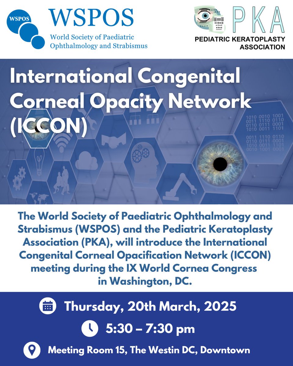 WSPOS's tweet image. 📢 TOMORROW! #ICCON kicks off at 5:30 PM during #WCC2025 – Don’t miss your chance to be part of this global network of eye care professionals. #WSPOS #PKA Society 
RSVP now. 📩 admin@wspos.org
More Info: wspos.org/international-…
@CorneaSociety