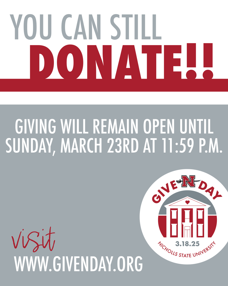 GiveNicholls's tweet photo. Thank you to everyone who donated yesterday for #GiveNDay! If you did not get a chance to make your donation yesterday, there is still time! Giving will remain open until 11:59 P.M. on March 23rd. Donate at https://t.co/wIgFmKYEB0 https://t.co/pe27UO9qvp