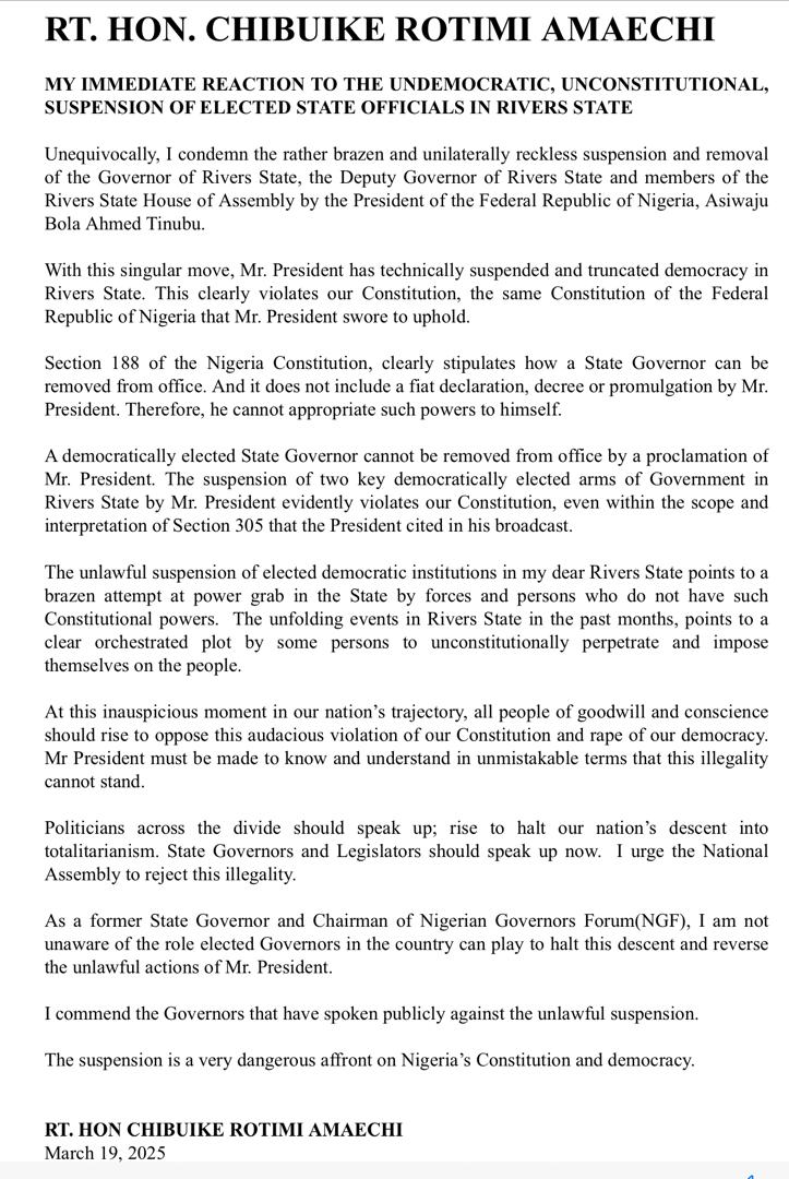 ChibuikeAmaechi's tweet photo. MY IMMEDIATE REACTION TO THE UNDEMOCRATIC, UNCONSTITUTIONAL, SUSPENSION OF ELECTED STATE OFFICIALS IN RIVERS STATE

Unequivocally, I condemn the rather brazen and unilaterally reckless suspension and removal of the Governor of Rivers State, the Deputy Governor of Rivers State... https://t.co/XOqQC967KI
