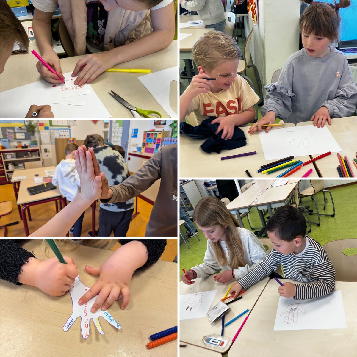 Vandaag is de Nationale Daltondag. Wat betekent dit voor de kinderen op school? In kleine groepjes werd een samenwerkingsopdracht uitgevoerd. Van verschillende kinderen werden handen overgetrokken en versierd. Van deze handen wordt 1 groot kunstwerk gemaakt.