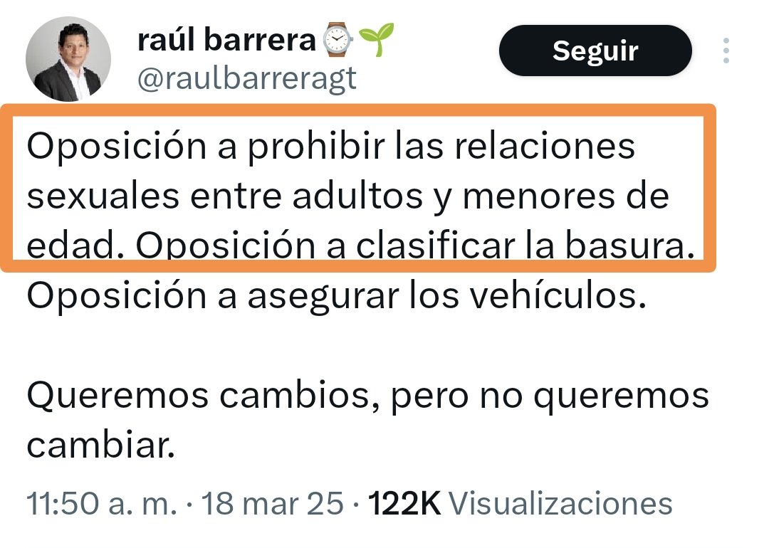Eriol_Gt's tweet image. Muchá, que alguien le avise a @raulbarreragt que las relaciones sexuales entre adultos y menores están prohibidas y que constituyen delito 🤡