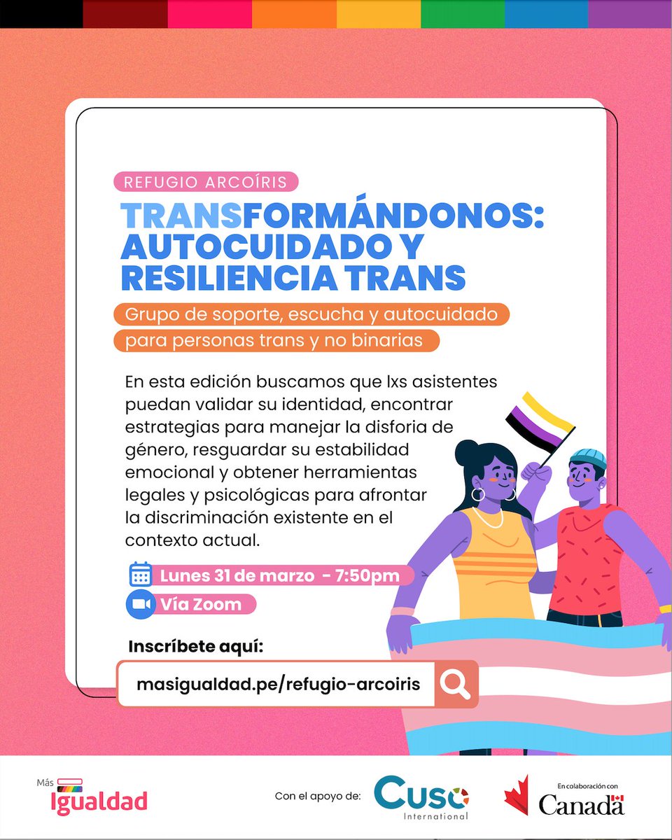 🌈 Te invitamos a ser parte de Refugio de Arcoíris, un grupo de soporte emocional creado para adultos LGBTIQ+ en busca de un espacio seguro para gestionar sus emociones y encontrar contención en comunidad. 

✅ Inscríbete en masigualdad.pe/refugio-arcoir…