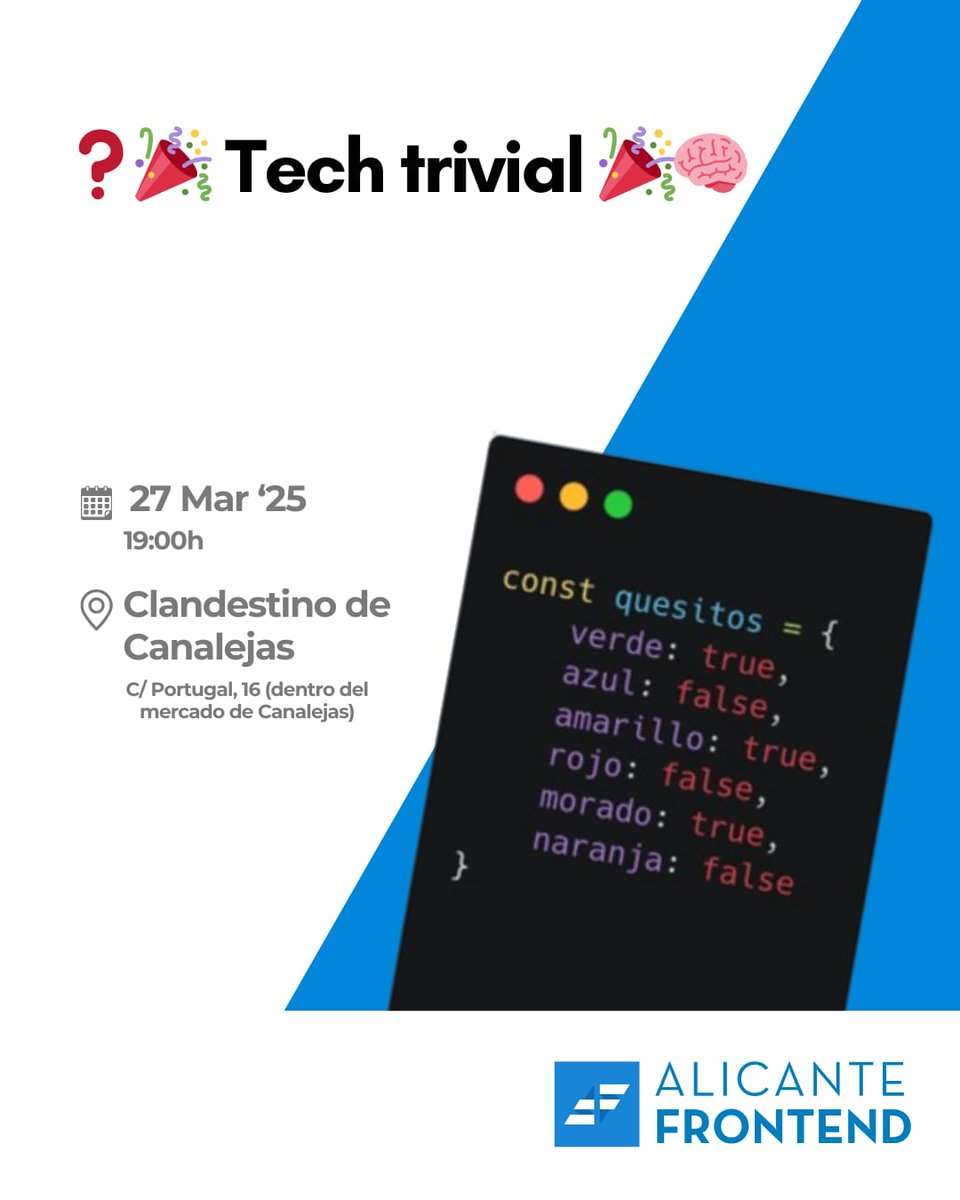 📢 ¡Atención, frontenders (y compañía)! 🎉

En marzo traemos algo totalmente nuevo: ¡un Tech Trivial! 🤯🧠

💡 Preguntas de todo tipo sobre el mundo tech, con algún que otro truco. ¡El objetivo es divertirnos y pasar una tarde genial! 

¡Apúntate! 👇 meetu.ps/e/NXwxs/z8qrR/i