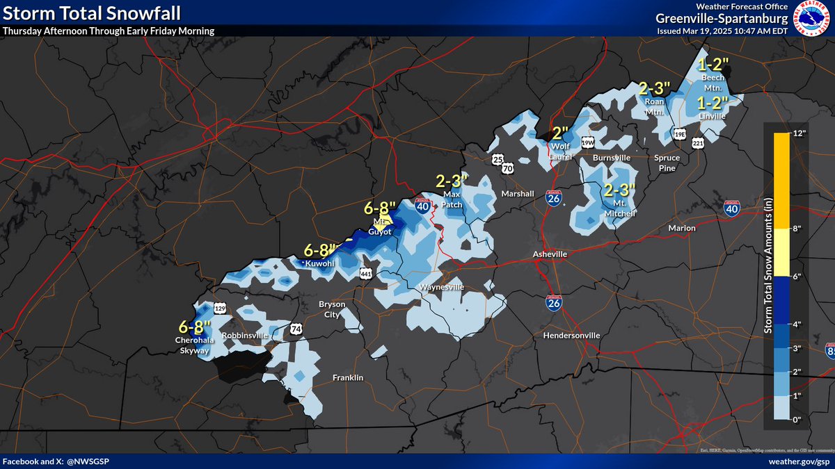 Fire and Ice Tomorrow

❄️A storm system expected to impact the area will bring high elevation snow tomorrow afternoon through early Friday morning. 6-8" of snow will be possible across the highest peaks/ridges of the Smoky Mountains. Winds will also be quite gusty.