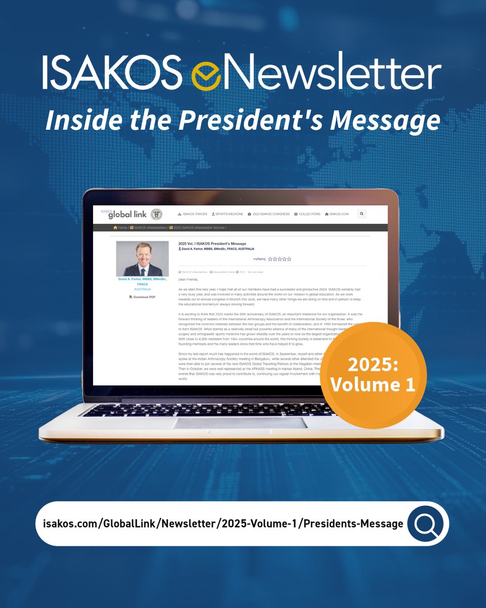 ISAKOS's tweet image. Look inside the 2025 Vol. I #ISAKOSeNewsletter: President&apos;s Message 🗞📲

ISAKOS President David Parker (@knee_specialist) 🇦🇺 reflects on a year of growth and global impact as #ISAKOS celebrates 30 years ahead of #ISAKOS2025 in Munich, Germany. 

🔗 Read: isakos.com/GlobalLink/eNe…