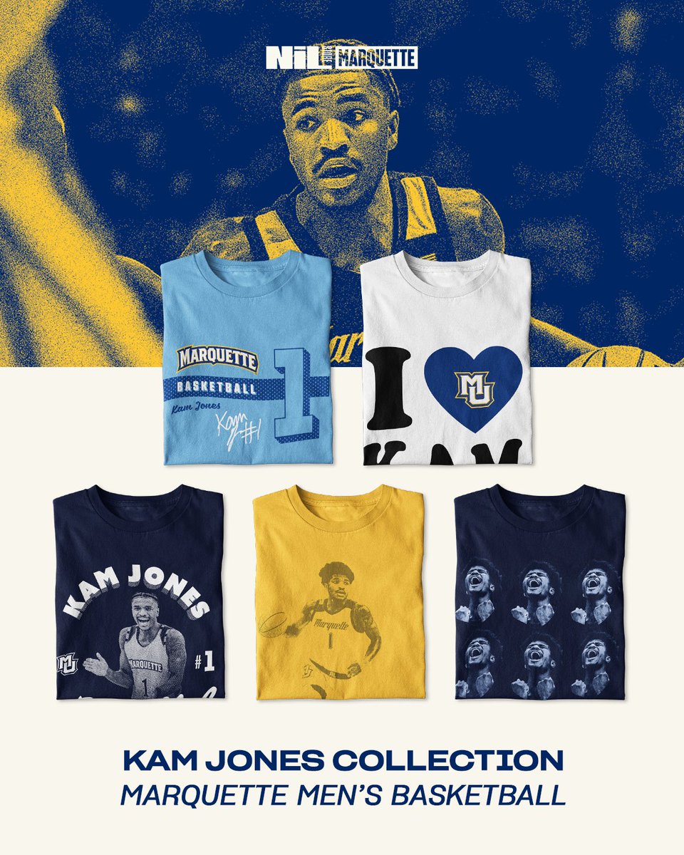 We ❤️ Kam Jones! 

Five new shirts are out now for Kam ahead of the tournament! 

Shop Now: marquette.nil.store/collections/ka…

#WeAreMarquette | #MarquetteNILStore