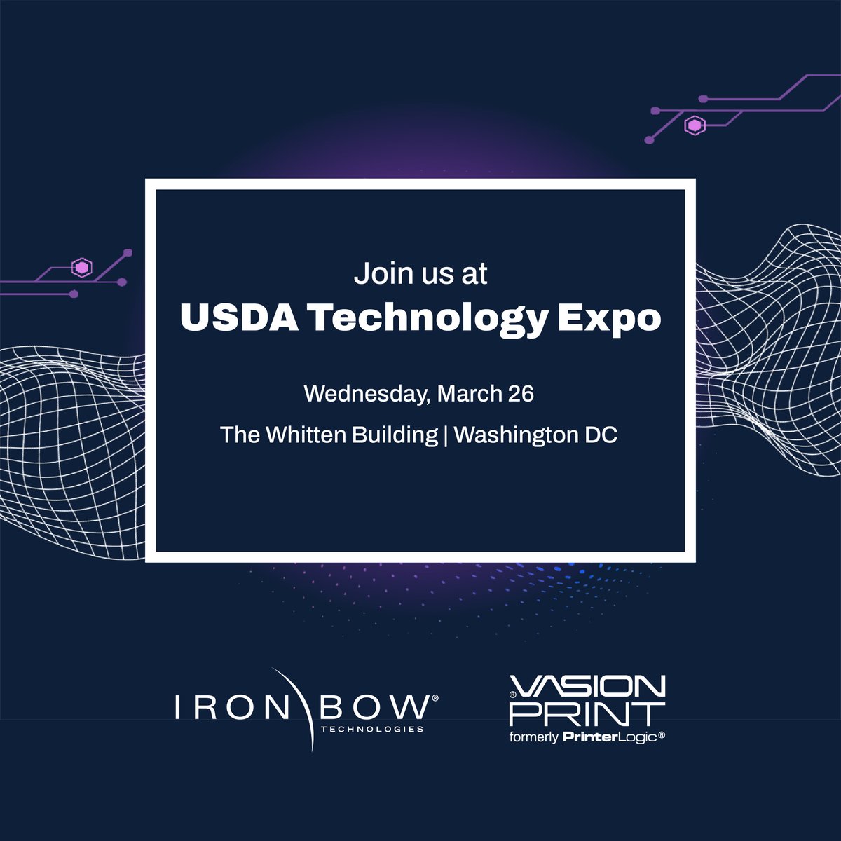 Iron_Bow's tweet image. Iron Bow's Civilian Team will be at the USDA Headquarters IT Expo on Wednesday, March 26, 2025! 💡

As a Gold Sponsor, Iron Bow is partnering with @VasionPrint to help government agencies overcome their most frustrating IT obstacles.

#WhatWeDoMatters #GovTech #NGSP