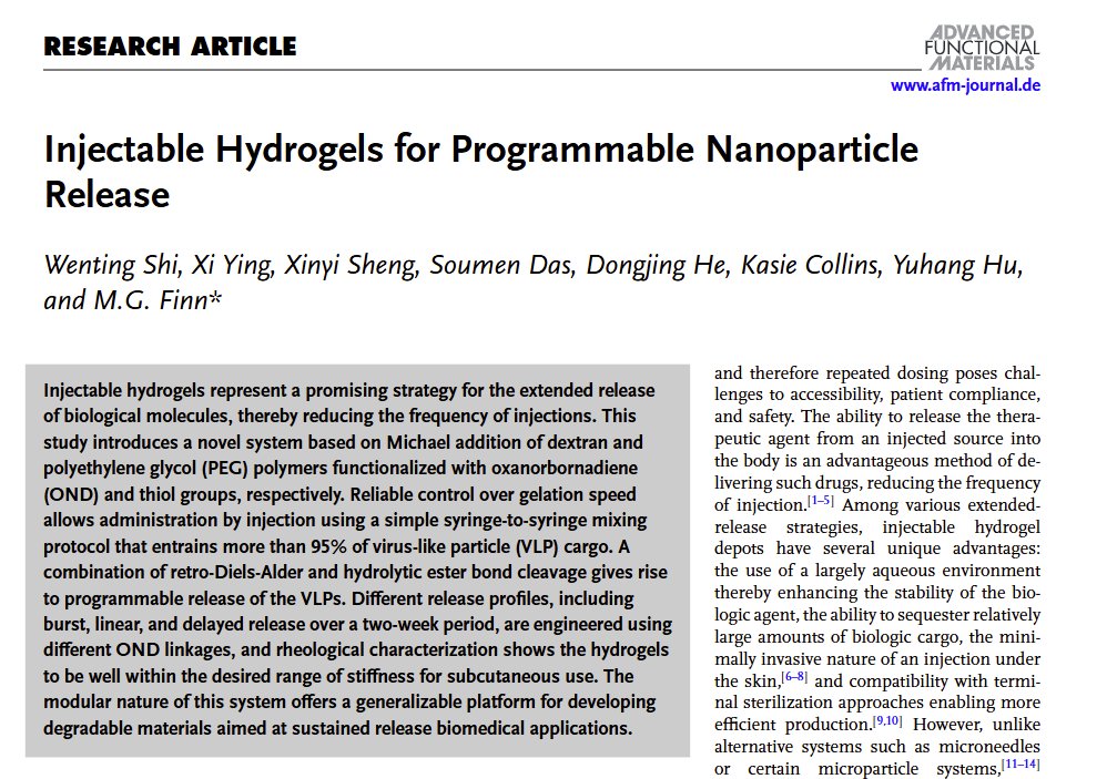 Center for Immunoengineering at Georgia Tech (@gatech_immuno) on Twitter photo @ Advanced Functional Materials, center member M.G. Finn & his team introduce a new system based on Michael addition of dextran & polyethylene glycol (PEG) polymers functionalized with oxanorbornadiene (OND) and thiol groups, for #biomedical applications! advanced.onlinelibrary.wiley.com/doi/10.1002/ad… @ Advanced Functional Materials, center member M.G. Finn & his team introduce a new system based on Michael addition of dextran & polyethylene glycol (PEG) polymers functionalized with oxanorbornadiene (OND) and thiol groups, for #biomedical applications! advanced.onlinelibrary.wiley.com/doi/10.1002/ad…