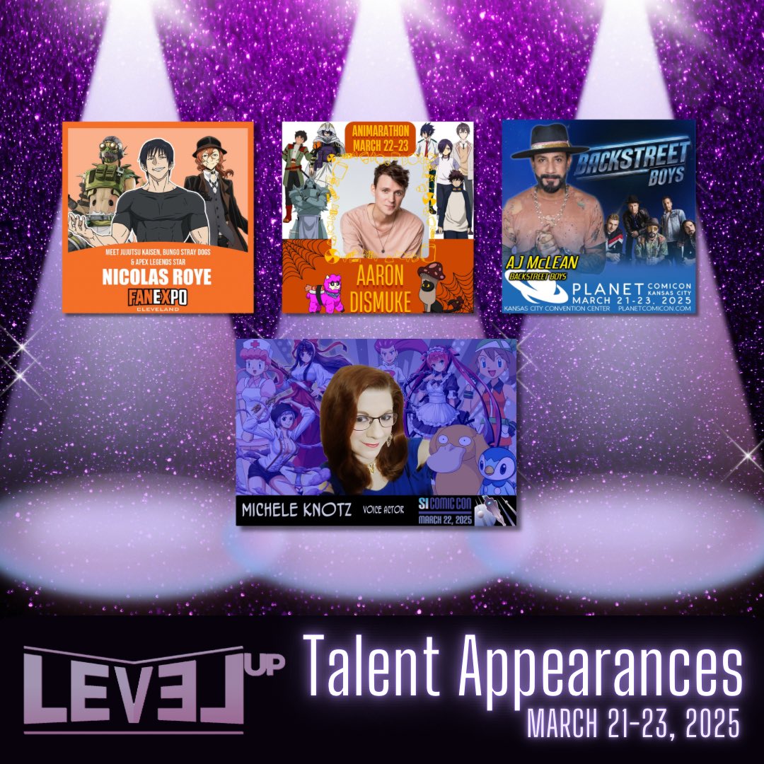 Level Up Entertainment VO (@levelupvo) on Twitter photo This weekend at Level Up Entertainment <a href="/TheNicolasRoye/">Nicolas Roye</a> <a href="/FANEXPOCLE/">FAN EXPO Cleveland</a> <a href="/Aaron__Dismuke/">Aaron Dismuke</a> <a href="/Animarathon/">Animarathon</a> <a href="/MicheleKnotz/">Michele Knotz ☕</a> #SIComicCon and #AJMcLean <a href="/PlanetComicon/">Planet Comicon Kansas City</a>. See you all there. This weekend at Level Up Entertainment <a href="/TheNicolasRoye/">Nicolas Roye</a> <a href="/FANEXPOCLE/">FAN EXPO Cleveland</a> <a href="/Aaron__Dismuke/">Aaron Dismuke</a> <a href="/Animarathon/">Animarathon</a> <a href="/MicheleKnotz/">Michele Knotz ☕</a> #SIComicCon and #AJMcLean <a href="/PlanetComicon/">Planet Comicon Kansas City</a>. See you all there.