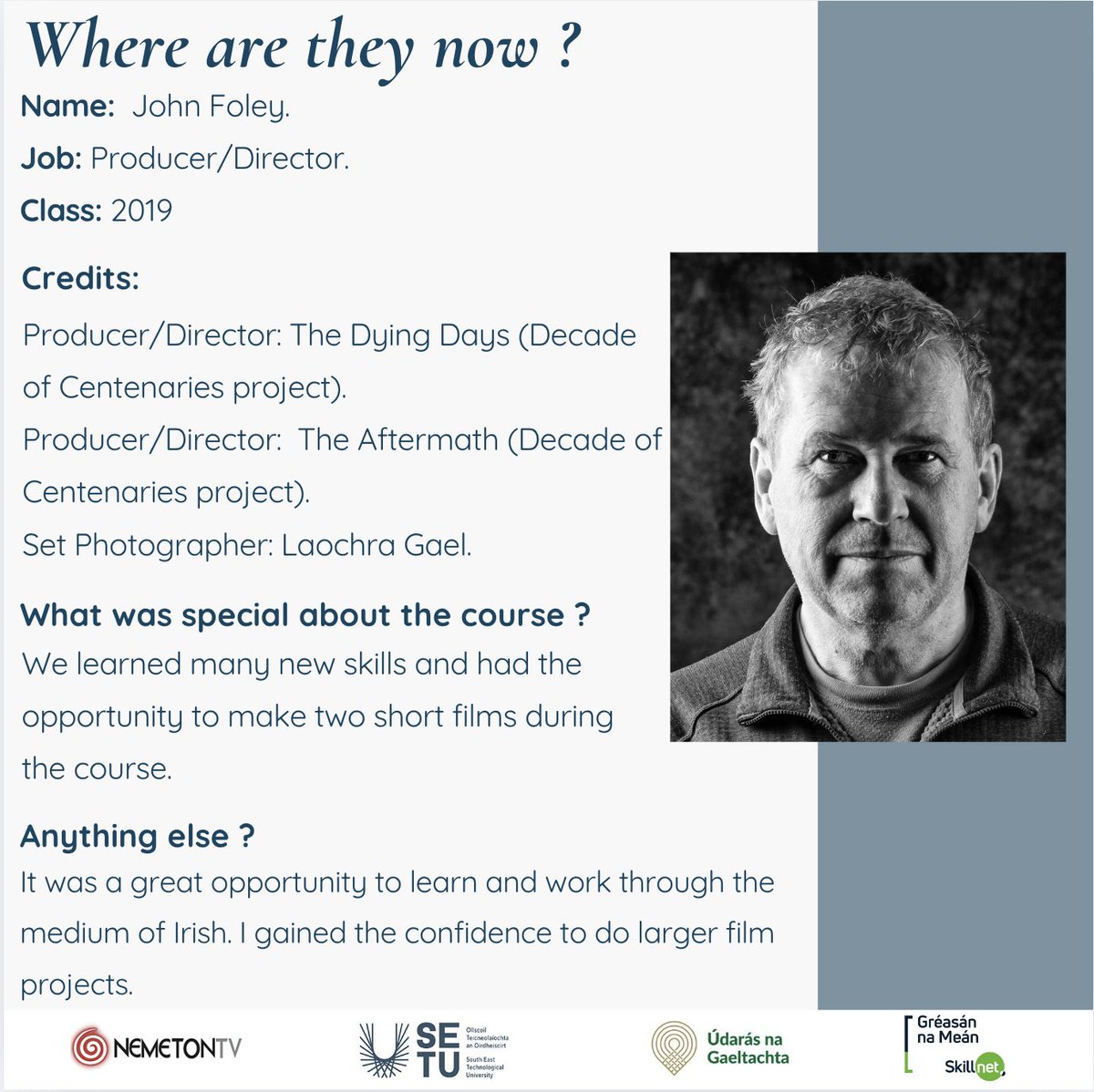 OiliuintNemeton's tweet photo. Ó d’fhág sé ár gcúrsa tá John gnóthnach ag cruthú scannáin áitiúil agus stairiúil den scoth agus ag tabhairt mic léinn amach ar thaithí oibre!

Since leaving the course John has been busy creating fantastic local history films and bringing students out on work experience! https://t.co/6rk3SPrxTp