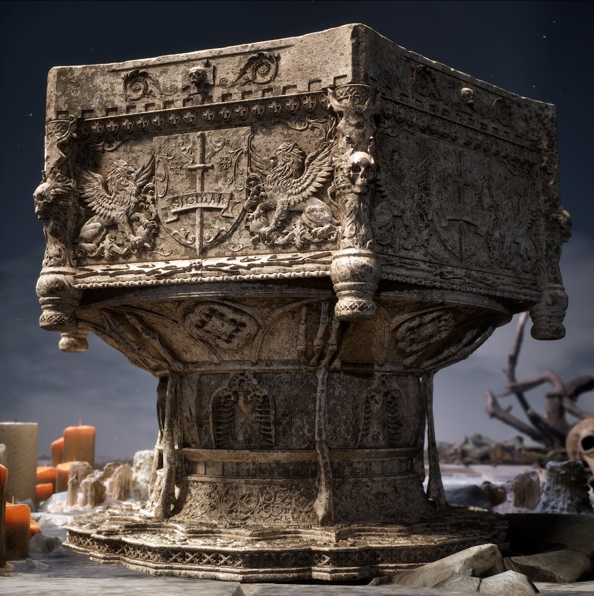 Design done, but a little bit more sculpt required still. Test done with triplanar UE material on decimated mesh. Let's not talk about retopo for now 😂