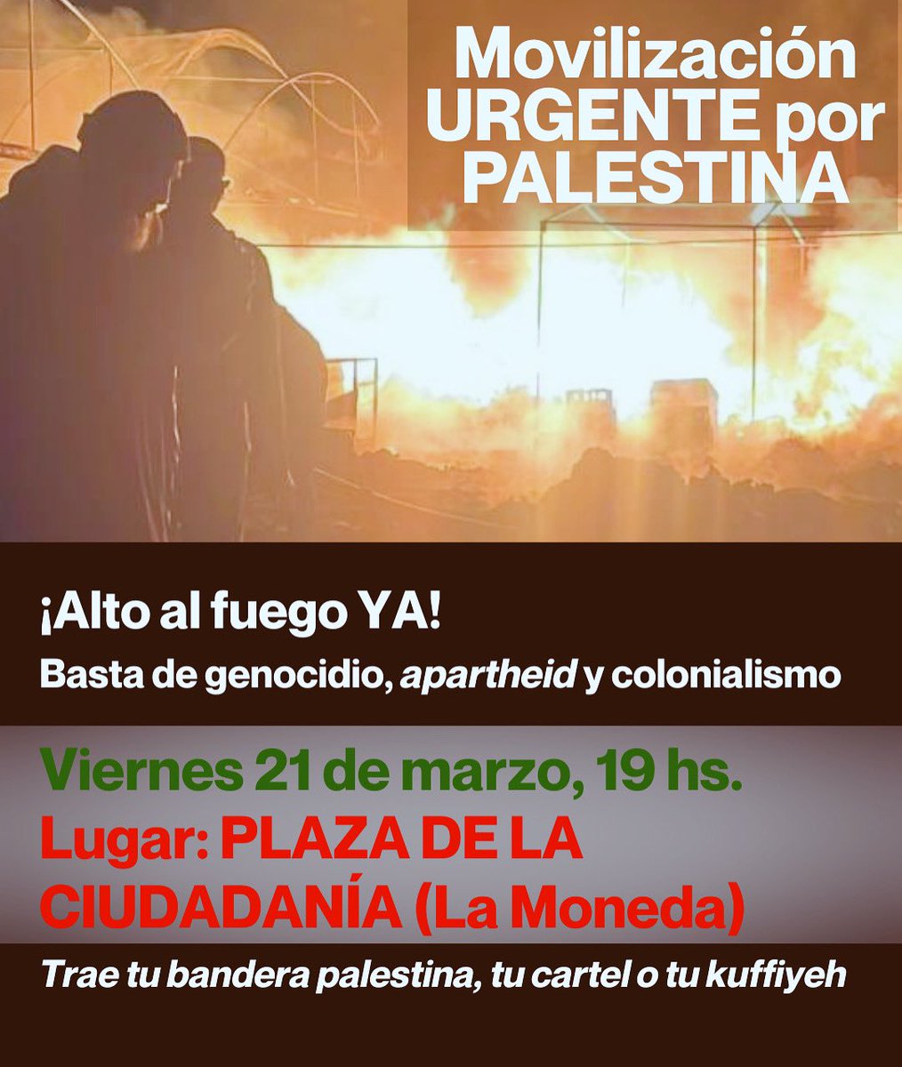 No seremos cómplices

Este 21 de marzo, alzamos la voz en Plaza de la Ciudadanía. No seremos cómplices del apartheid, de la ocupación, ni del genocidio que Israel perpetra contra el pueblo palestino con impunidad.
#PalestinaLibre #ChilePorPalestina #NoSeremosCómplices
