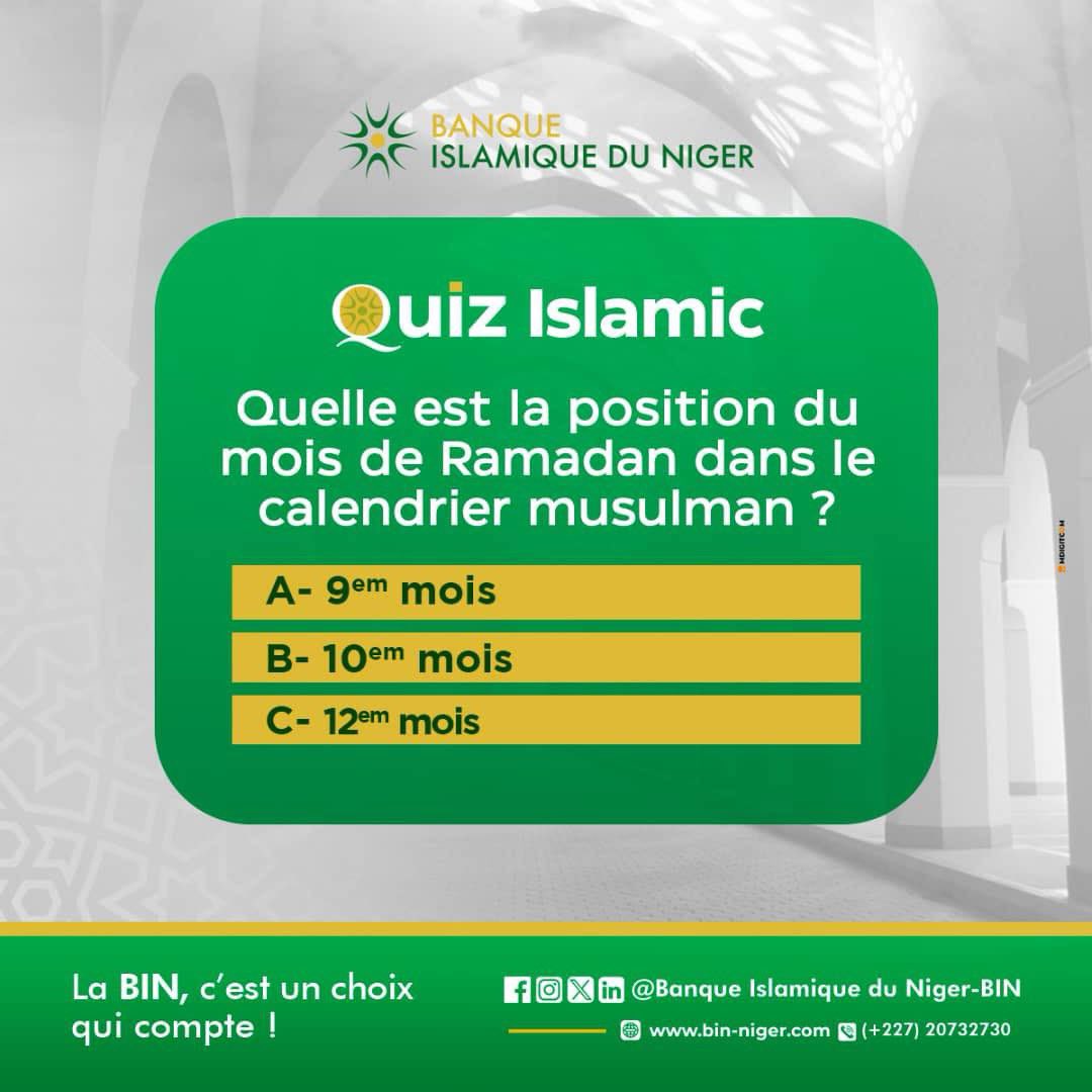 #quizz #ramadan 
Nous testons vos connaissances 🥳

Quelle est la position du mois de ramadan dans le calendrier musulman ?

Top réponses en commentaires
Faites le choix qui compte!
—————————————

#BanqueIslamiqueDuNiger #financeislamique  #BinNiger #banque #Niger