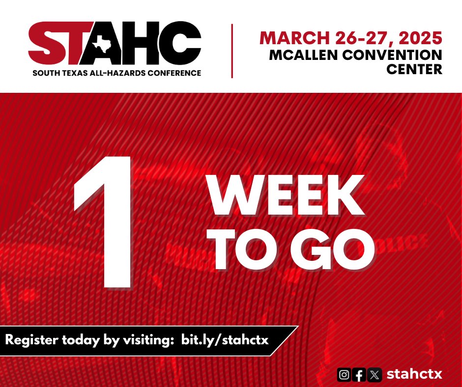 stahctx's tweet photo. ⏳ 1 WEEK TO GO! ⏳

The South Texas All Hazards Conference is almost here! Get ready for expert panels, hands-on activities &amp; top-tier networking. Don’t miss out!

🔗 Register now: https://t.co/dURehYE5Cm

Will we see you there? ⏳ #2025STAHC https://t.co/z7wxh6i1WO