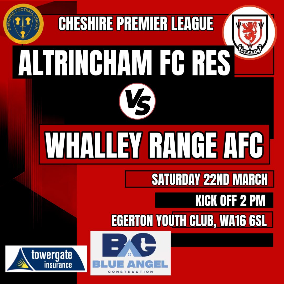 NEXT UP!!

🆚 Altrincham FC Res
📆 Saturday 22nd March
🕖 2pm KO
🏟️ Egerton Youth Club, WA16 6SL
🏆 <a href="/CheshireFL/">Cheshire Football League ⚽️</a> 

UpTheWhalley 🔴⚫️