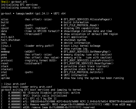I just released go-boot v0.1!

A TamaGo unikernel implementing a UEFI Shell and OS loader allowing secure, powerful, yet easy UEFI API interaction.

100% unencumbered Go in your pre-boot environment.

github.com/usbarmory/go-b…