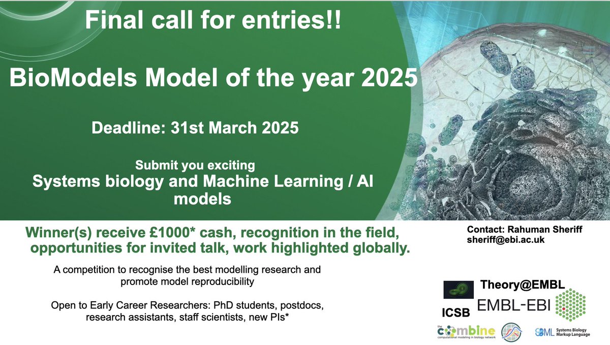 Do you know anyone who recently published an exciting #MachineLearning or #SystemsBiology model? Ask them to apply to the #MOY2025 competition soon.  Deadline approaching!!!
An excellent opportunity for early career researchers to showcase their models! ebi.ac.uk/biomodels/comp…