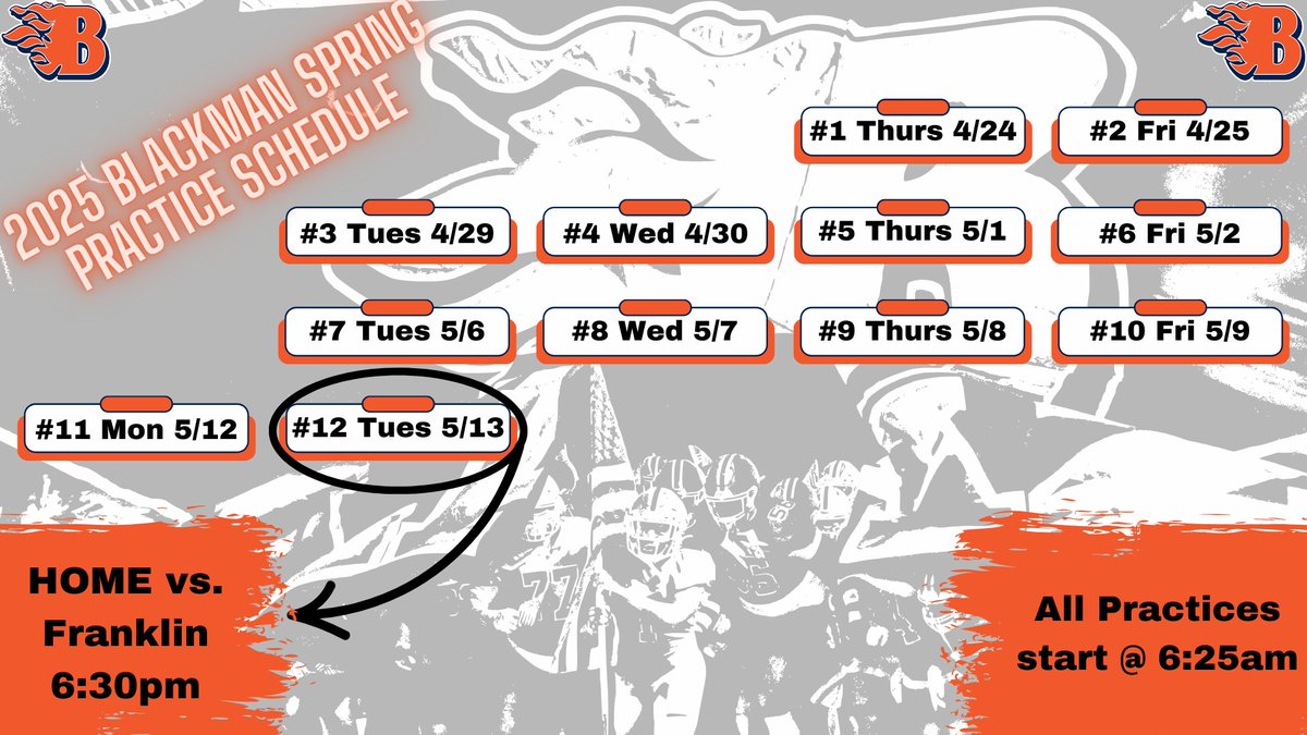 Spring Practice is right around the corner! Take a look at our schedule! All Practices start at 6:25am. Scrimmage Tuesday May 13th at 6:30pm v Franklin at Bart Smith Field in the INFERNO!!

#WeAreBlackman