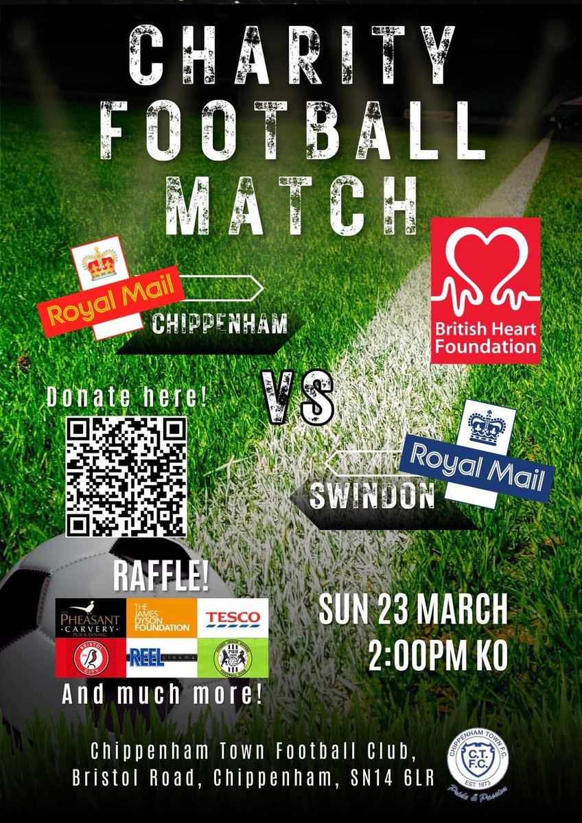 ⚽️ This Sunday at #TheTSStadium..

📅 Sun 23rd Mar 2025
📮Chippenham <a href="/RoyalMail/">Royal Mail</a> vs Swindon <a href="/RoyalMail/">Royal Mail</a>
⏰ 2pm Kick-off
♥️ Fundraising for <a href="/TheBHF/">British Heart Foundation</a>
🍻🍔 Bar and Tea Hut open
