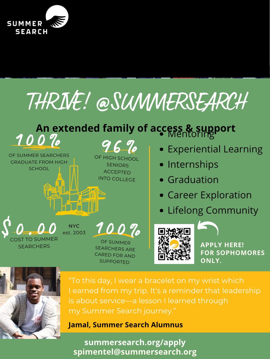 📢Attention 10th grade Future Ready students📢
Check out the Summer Search NYC Opportunity, a youth development program providing high school students from underserved communities with the tools and support necessary to thrive academically, professionally, and personally.