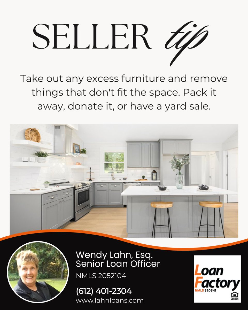 wendylahn's tweet image. When potential buyers walk into the house, they don't want to feel overwhelmed with clutter, so make sure to do all the cleaning and decluttering before the first showing. It will make a world of a difference!

#homesellingtip #cleananddeclutter #mortgage #loan #borrower #dream