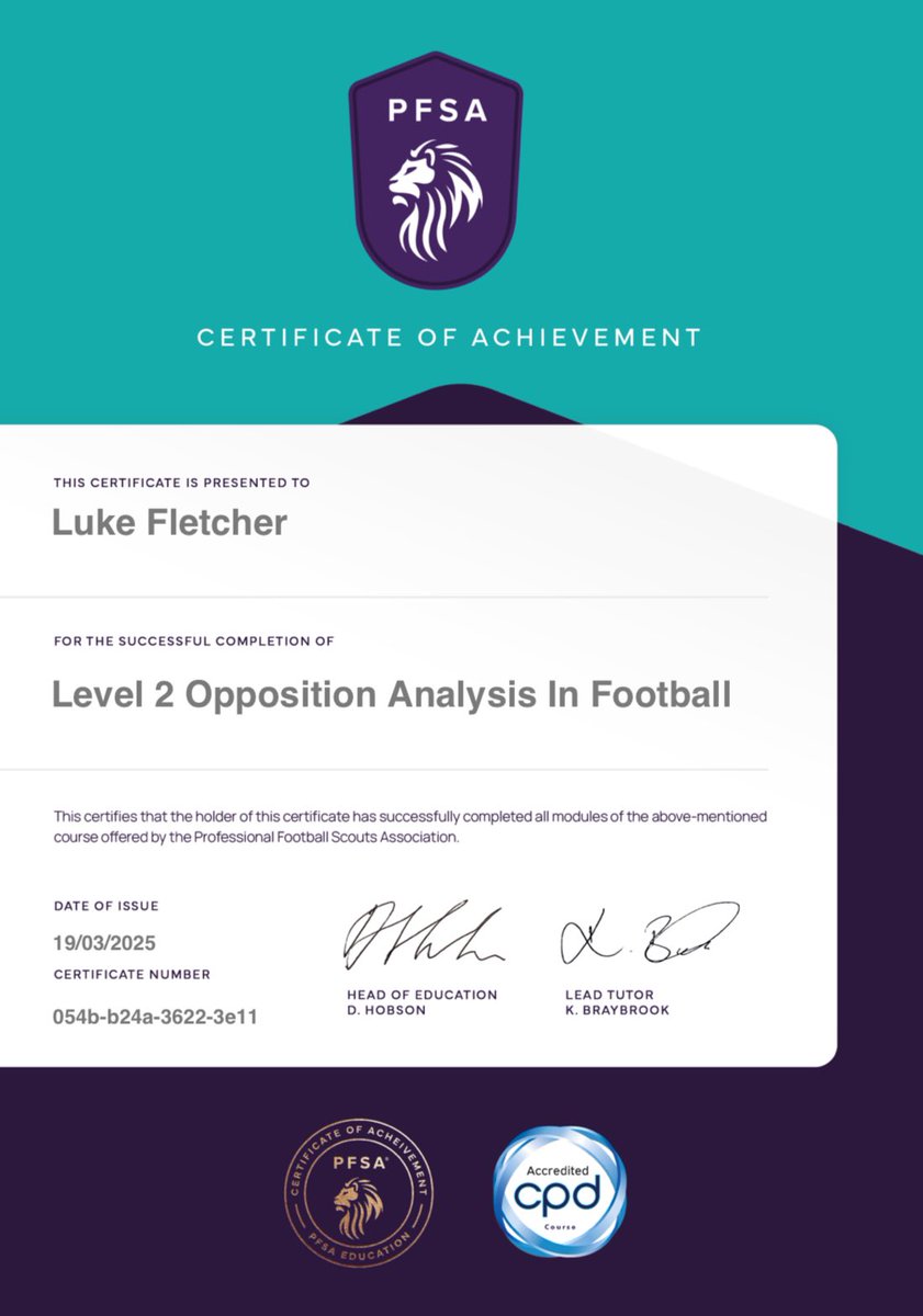 BleakFletch's tweet image. Excited to share that I’ve completed the Level 2 Opposition Analysis in Football qualification with @ThePFSA Another step forward in my football analysis journey. #FootballAnalysis #PFSA