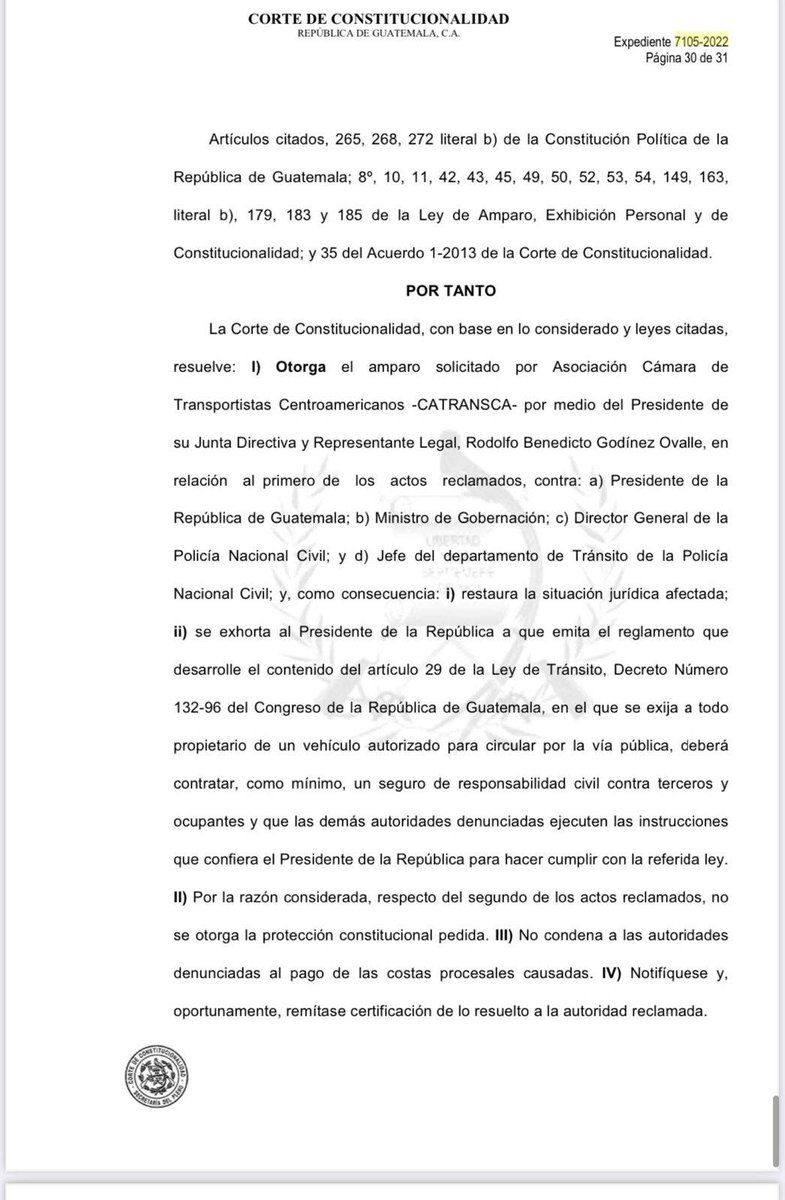 CC exhorta al presidente Arévalo a implementar seguro obligatorio para vehículos 🟢👀

Un fallo de la Corte de Constitucionalidad del 2024, dictado por mayoría, exhorta al presidente Bernardo Arévalo y a otras autoridades a implementar la obligatoriedad del seguro mínimo de