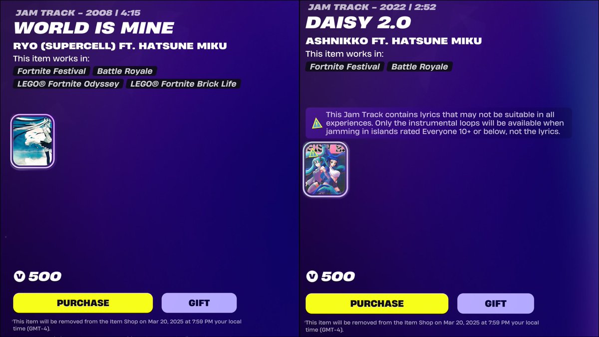 AlphaKnightz's tweet photo. @swegx0 @FNFestival Whole set huh? Apparently it doesn’t include these Miku songs. Are they actually leaving the shop while her season is still active? Unless I’m not supposed to believe them. https://t.co/TURbSp7bpe