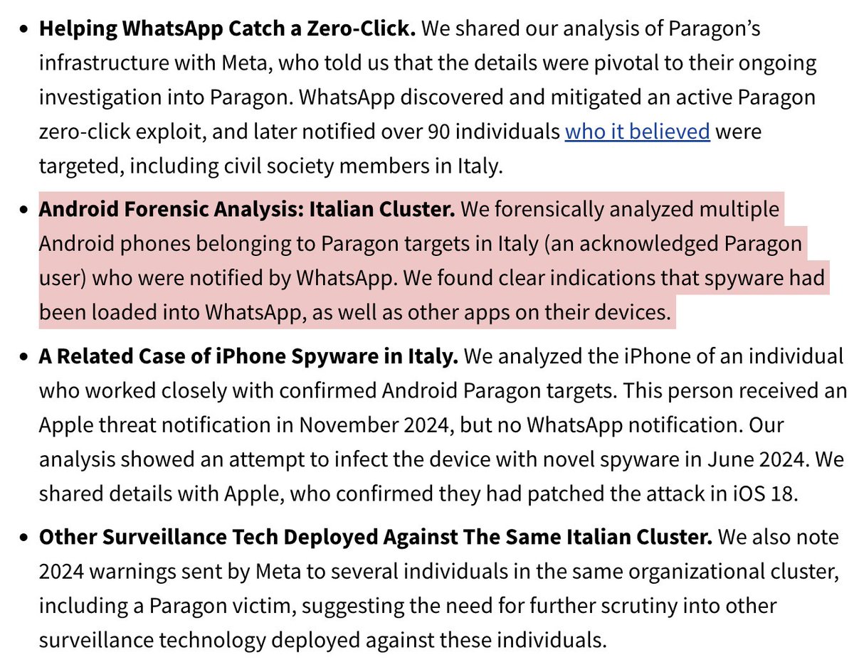 John Scott-Railton (@jsrailton) on Twitter photo 🚨NEW REPORT: first forensic confirmation of #Paragon mercenary spyware infections in #Italy...
Known targets: Activists & journalists.
We also found deployments around the world. Including ...Canada?
And a lot more... Thread on our <a href="/citizenlab/">The Citizen Lab</a> investigation 1/ 🚨NEW REPORT: first forensic confirmation of #Paragon mercenary spyware infections in #Italy...
Known targets: Activists & journalists.
We also found deployments around the world. Including ...Canada?
And a lot more... Thread on our <a href="/citizenlab/">The Citizen Lab</a> investigation 1/