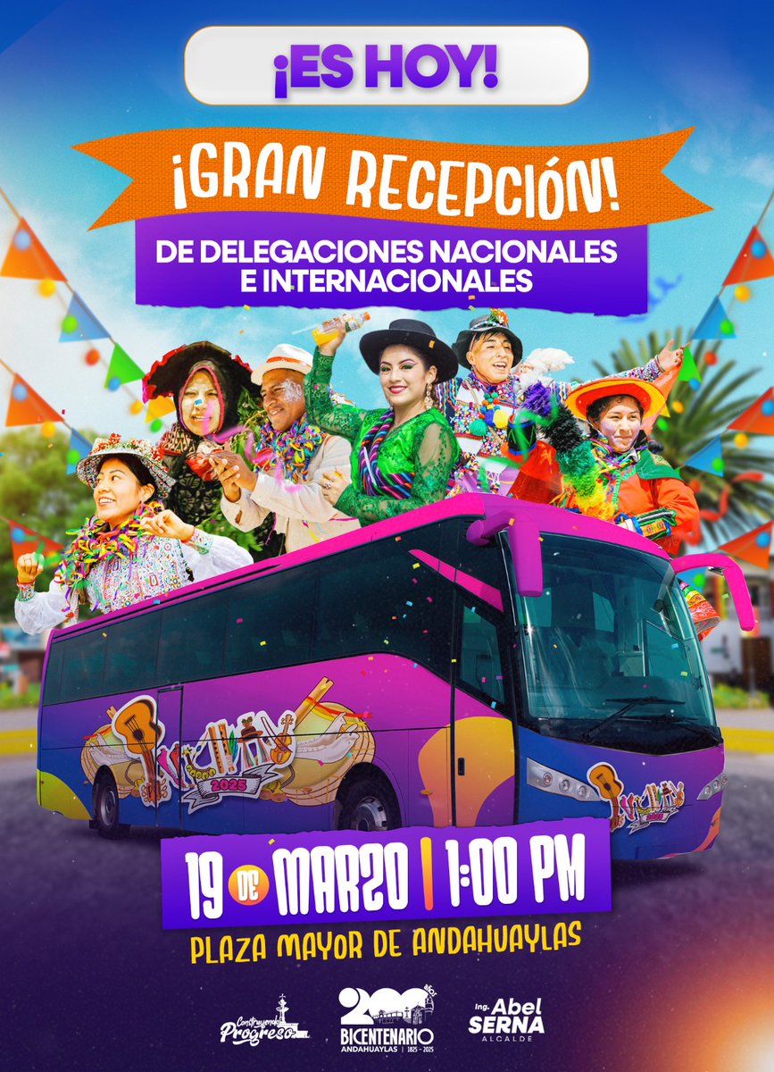 ❤️¡HOY EN #ANDAHUAYLAS - #PERU 🇵🇪, DAMOS LA BIENVENIDA A TODAS LAS DELEGACIONES NACIONALES E INTERNACIONALES! del #Pukllay2025
¡Ven y sé parte de este emocionante momento de hermandad y tradición! 
📌 Hoy, Miércoles 19 De Marzo
⏰ Desde la 1:00 P.M.
✏️ Plaza Mayor de Andahuaylas.