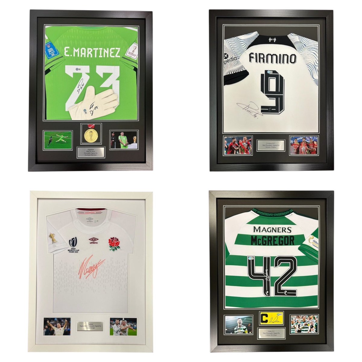 signedfshirts's tweet photo. Spot the difference 👀 - New framed items now live on site:

🇧🇷 Roberto Firmino
🏴󠁧󠁢󠁥󠁮󠁧󠁿Jamie George
🇦🇷 Emiliano Martinez 
Dual-signed shirt &amp; glove with replica 2022 World Cup medal display
🏴󠁧󠁢󠁳󠁣󠁴󠁿 Callum McGregor
Dual-signed shirt &amp; armband display

🔗 https://t.co/wDpTGKZsx6 https://t.co/XyrXdMiyzM