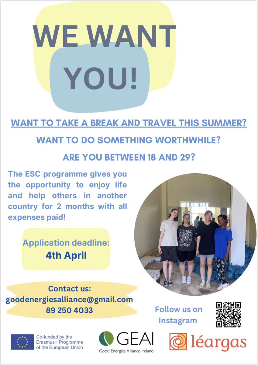 GEAIreland (@geaireland) on Twitter photo ☀️ It's been Sunny in Leitrim today, but do you know where it is sunnier : in Greece! 🇬🇷
We are excited to share this wonderful opportunity with you! ✨
This summer we will be sending young people abroad!
And we want you you ! 🫵🏼
Email us at: goodenergiesalliance@gmail.com ☀️ It's been Sunny in Leitrim today, but do you know where it is sunnier : in Greece! 🇬🇷
We are excited to share this wonderful opportunity with you! ✨
This summer we will be sending young people abroad!
And we want you you ! 🫵🏼
Email us at: goodenergiesalliance@gmail.com