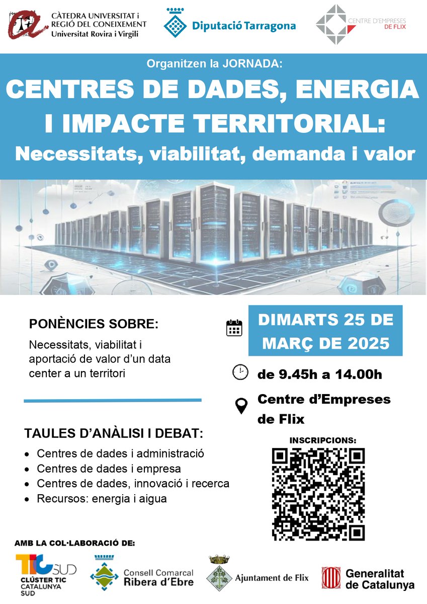 Recordatori: Càtedra Regió de Coneixement organitza el proper dimarts, dia 25 de març, a Flix, la jornada d’anàlisi i debat sobre CPD. 
Esteu a temps per la inscripció: eventbrite.es/e/centres-de-d… 
<a href="/Dipta_cat/">Diputació de Tarragona</a> <a href="/TICSud/">Clúster TIC Catalunya Sud</a> <a href="/gencat/">Generalitat de Catalunya</a> <a href="/AjuntamentFlix/">Ajuntament de Flix</a> <a href="/ccriberaebre/">Consell Comarcal de la Ribera d’Ebre</a> <a href="/universitatURV/">Universitat Rovira i Virgili</a>