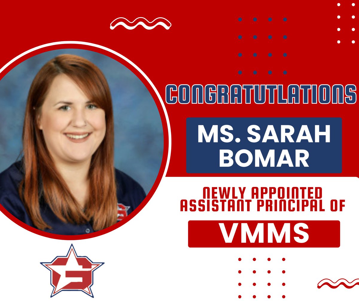 We are excited to welcome our newly appointed Assistant Principal, Ms. Sarah Bomar! Ms. Bomar has been a member of the <a href="/VMMS_Generals/">Veterans Memorial MS</a> family for 9 years as a Teacher and Instructional Coach! We are excited for her to begin in her new capacity! #NCSAchieves #SpiritPrideExcellence
