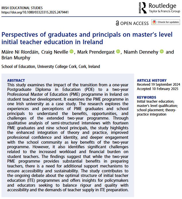 UCC School of Education (@uccschoolofed) on Twitter photo Well done to our five colleagues in the UCC School of Education on their recently published article in <a href="/Editor_IES/">Irish Educational Studies (IES)</a>
Their study examines the impact of the transition to a two-year PME programme in Ireland on student teacher development.
Full paper at: doi.org/10.1080/033233… Well done to our five colleagues in the UCC School of Education on their recently published article in <a href="/Editor_IES/">Irish Educational Studies (IES)</a>
Their study examines the impact of the transition to a two-year PME programme in Ireland on student teacher development.
Full paper at: doi.org/10.1080/033233…