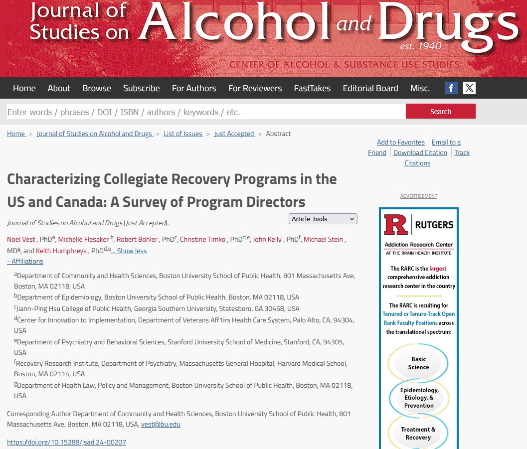 Journal of Studies on Alcohol and Drugs (@jsadjournal) on Twitter photo Characterizing Collegiate Recovery Programs in the US and Canada: A Survey of Program Directors (new in @JSADjournal)
<a href="/noelvest/">Noel Vest, PhD</a> <a href="/Johnkellymgh/">Dr. John Kelly</a> <a href="/mdsteinmd/">Michael Stein</a> <a href="/KeithNHumphreys/">Keith Humphreys</a> <a href="/StanfordMed/">Stanford Medicine</a> <a href="/VAPaloAlto/">VA Palo Alto HCS</a> <a href="/MGHPsychiatry/">MGH Psychiatry</a> <a href="/jphcoph/">Jiann-Ping Hsu College of Public Health</a> <a href="/harvardmed/">Harvard Medical School</a> <a href="/BUSPH/">Boston University School of Public Health</a>
jsad.com/doi/abs/10.152… Characterizing Collegiate Recovery Programs in the US and Canada: A Survey of Program Directors (new in @JSADjournal)
<a href="/noelvest/">Noel Vest, PhD</a> <a href="/Johnkellymgh/">Dr. John Kelly</a> <a href="/mdsteinmd/">Michael Stein</a> <a href="/KeithNHumphreys/">Keith Humphreys</a> <a href="/StanfordMed/">Stanford Medicine</a> <a href="/VAPaloAlto/">VA Palo Alto HCS</a> <a href="/MGHPsychiatry/">MGH Psychiatry</a> <a href="/jphcoph/">Jiann-Ping Hsu College of Public Health</a> <a href="/harvardmed/">Harvard Medical School</a> <a href="/BUSPH/">Boston University School of Public Health</a>
jsad.com/doi/abs/10.152…