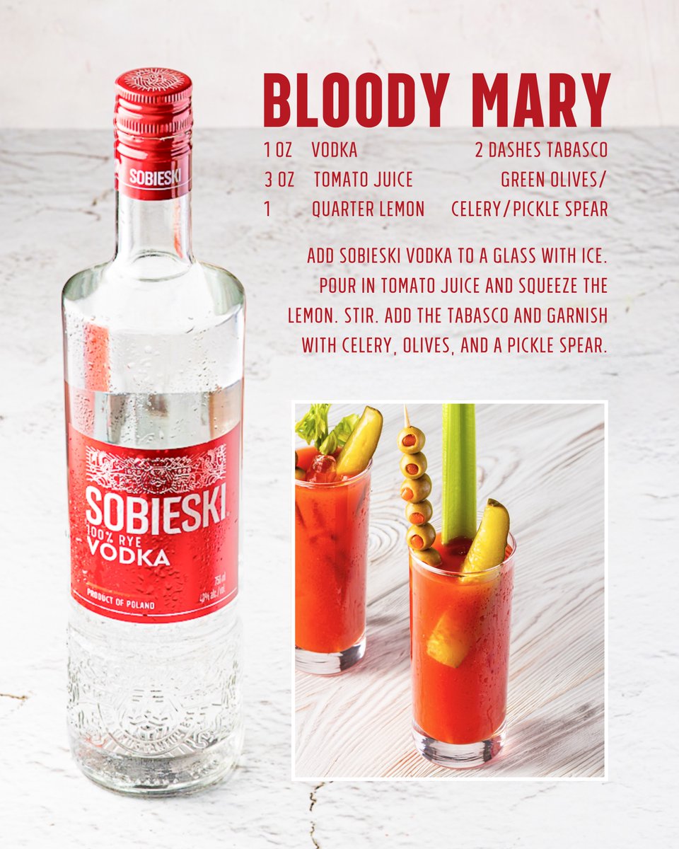 National Cocktail Day calls for an extra bold Bloody Mary, the Sobieski way. 🌶️  

Bloody Mary

1 oz Sobieski Vodka
3 oz Tomato juice
1 Quarter lemon
2 Dashes Tabasco
Celery, olives, pickle spear for garnish